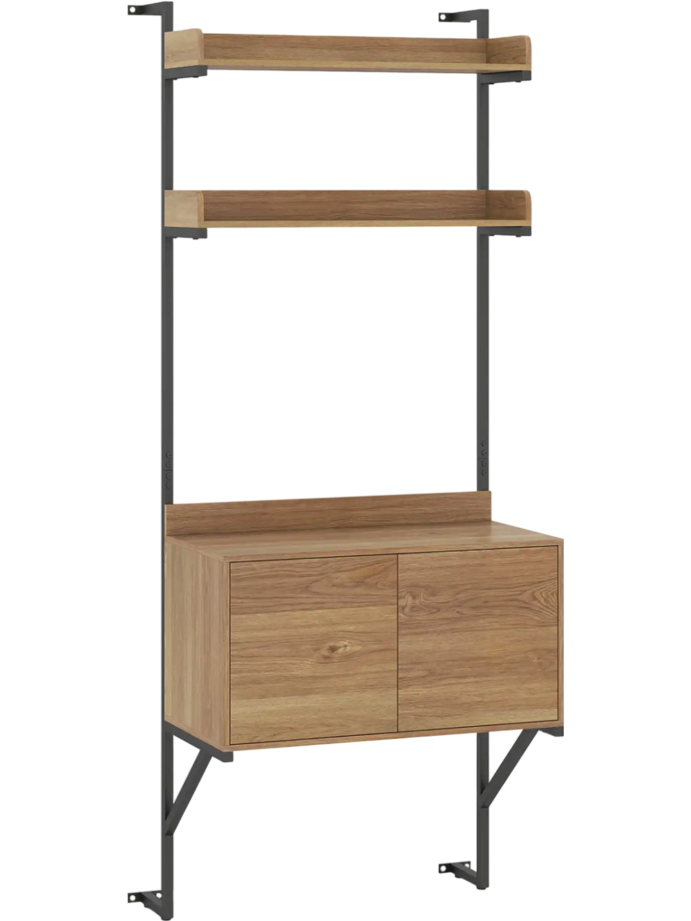 Narrow wall-mounted ladder shelf with a natural wood finish, featuring a storage cabinet and multiple tiers for.