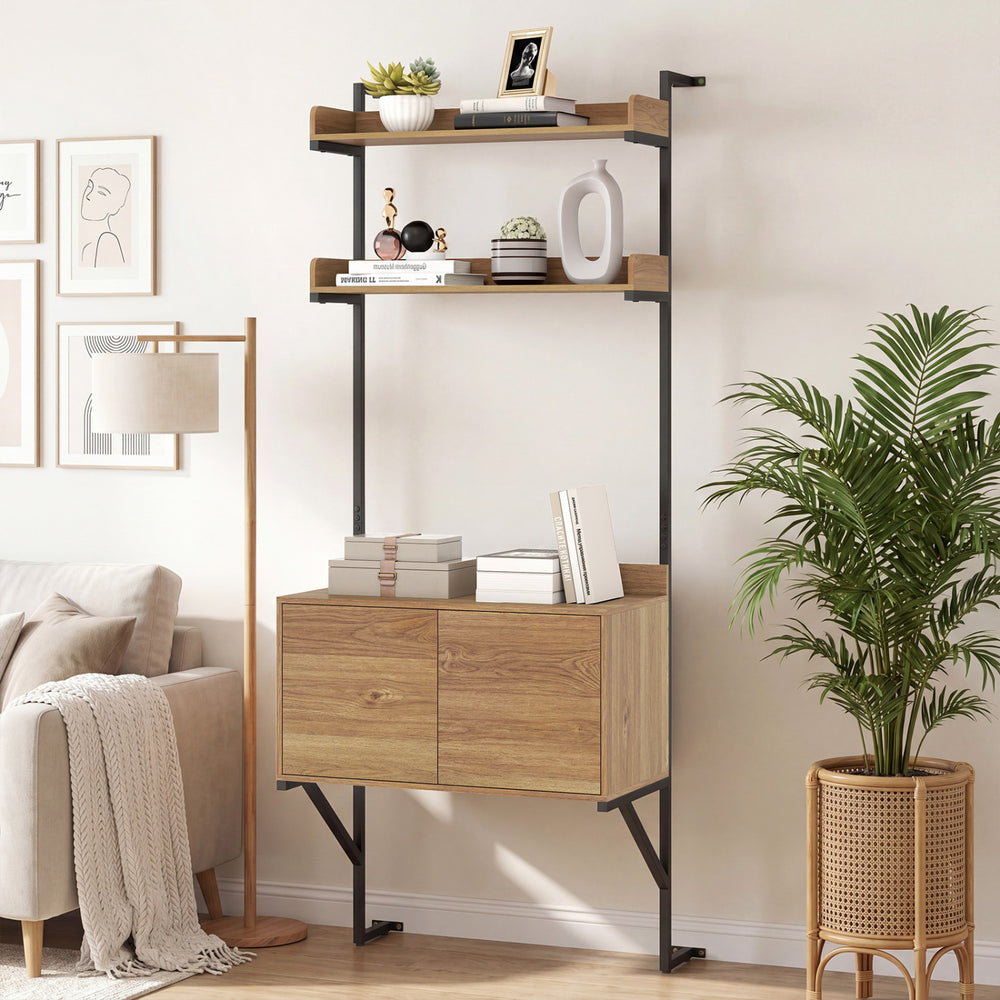 Tall ladder shelf with storage cabinet in natural finish, featuring multiple tiers and push-to-open doors for easy.