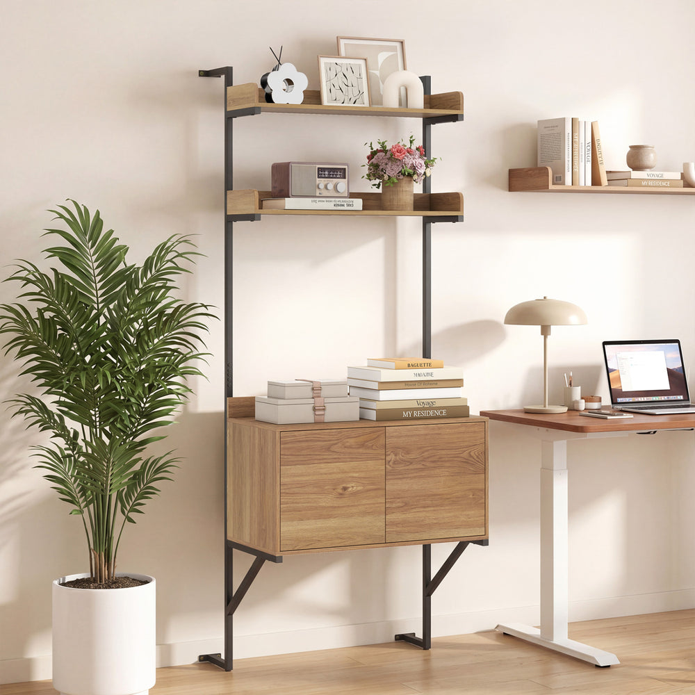 Tall ladder shelf with natural wood finish, featuring a storage cabinet and multiple tiers for vertical storage.