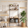 Tall ladder shelf with natural finish, featuring 2 open shelves, enclosed cabinet, and spacious countertop for.