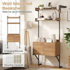 Tall wall-mounted ladder bookshelf in natural wood with storage cabinet, featuring 4 hanging brackets and safety hinges.