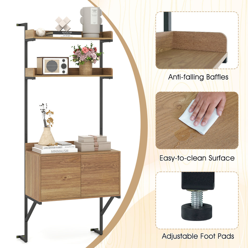 Tall ladder shelf with storage cabinet in natural finish, featuring anti-falling baffles and easy-to-clean surface for.