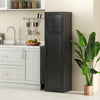 Tall black storage cabinet with four shelves, designed for narrow spaces, ideal for bathroom or living room.