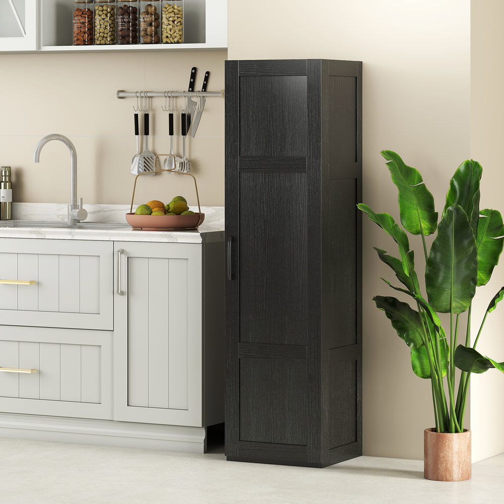 Tall black storage cabinet with four shelves, designed for narrow spaces, ideal for bathroom or living room.
