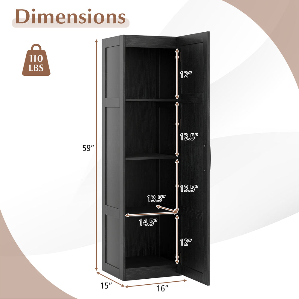 Tall black storage cabinet with 4 shelves, dimensions 59”x15”x16”, ideal for bathroom or living room organization.