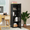 Tall black storage cabinet with 4 shelves, ideal for narrow spaces, featuring a farmhouse style for versatile use.