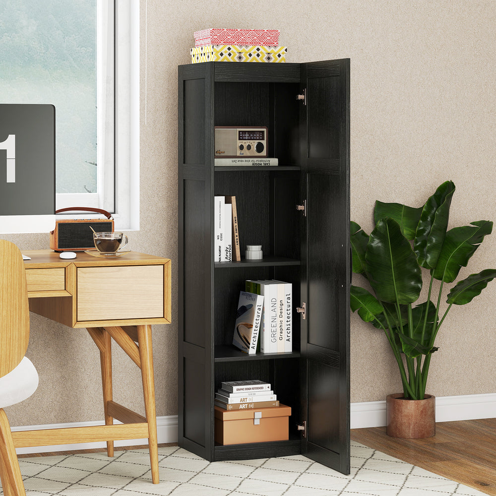 Tall black storage cabinet with 4 shelves, ideal for narrow spaces, featuring a farmhouse style for versatile use.