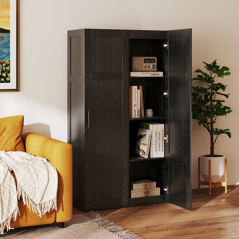Tall black storage cabinet with 4 shelves, ideal for bathroom or living room, featuring a narrow design and elegant.