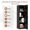 Tall black storage cabinet with 4 shelves, ideal for organizing bathroom or living room essentials in narrow spaces.