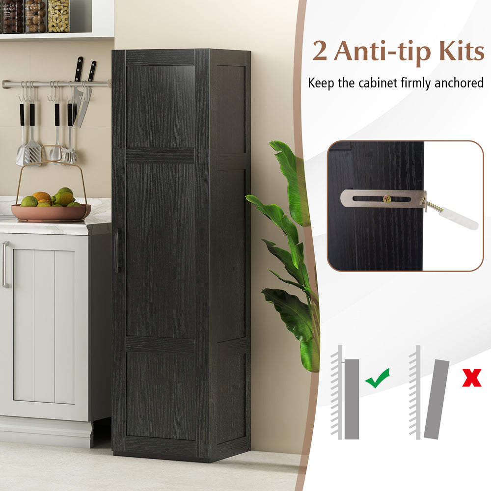 Tall black storage cabinet with 4 shelves, featuring anti-tip kits for safety and a sleek farmhouse design.