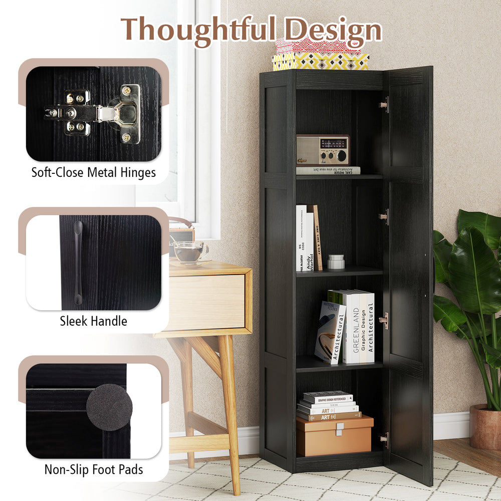 Tall black storage cabinet featuring soft-close metal hinges and sleek handle, ideal for narrow spaces in any room.