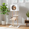 Tall wood cat tower with two corrugated cardboard scratching areas and spacious condo for jumping and resting.