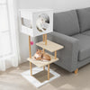 Multi-level tall wood cat tower with two corrugated cardboard scratching areas and a cozy condo for playful cats.