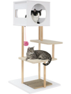 Tall wood cat tower with two platforms, a condo, and corrugated cardboard for scratching, perfect for playful cats.