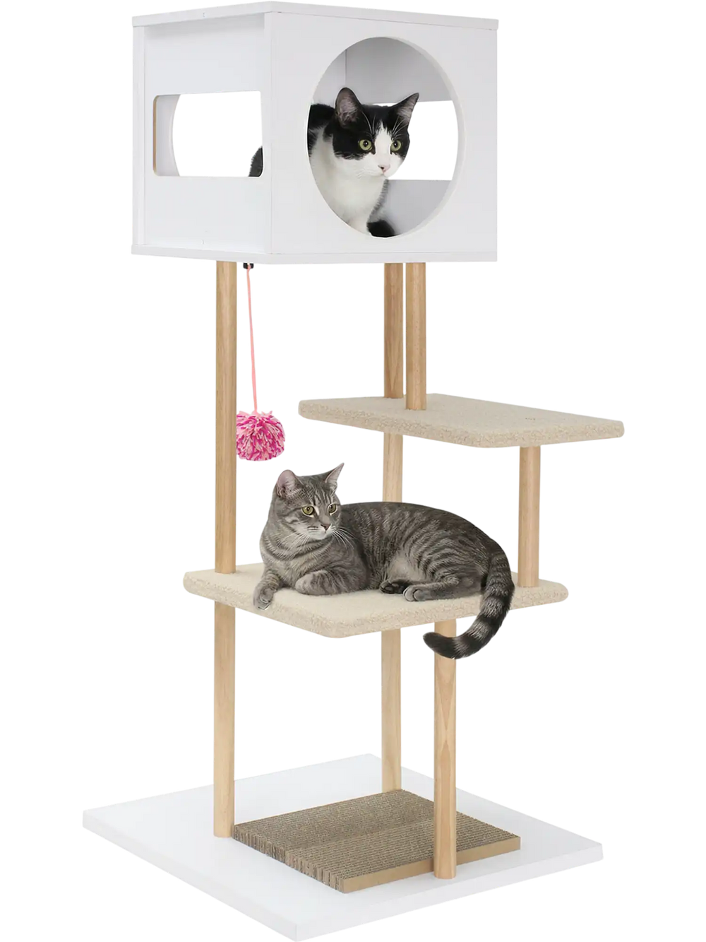 Tall wood cat tower with two platforms, a condo, and corrugated cardboard for scratching, perfect for playful cats.