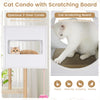 Tall wood cat tower featuring a spacious 2-door condo and corrugated scratching board for playful relaxation.