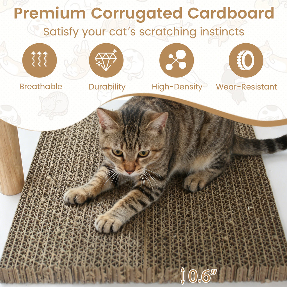 Cat resting on a premium corrugated cardboard scratching pad, part of a tall wood cat tower for playful lounging and.