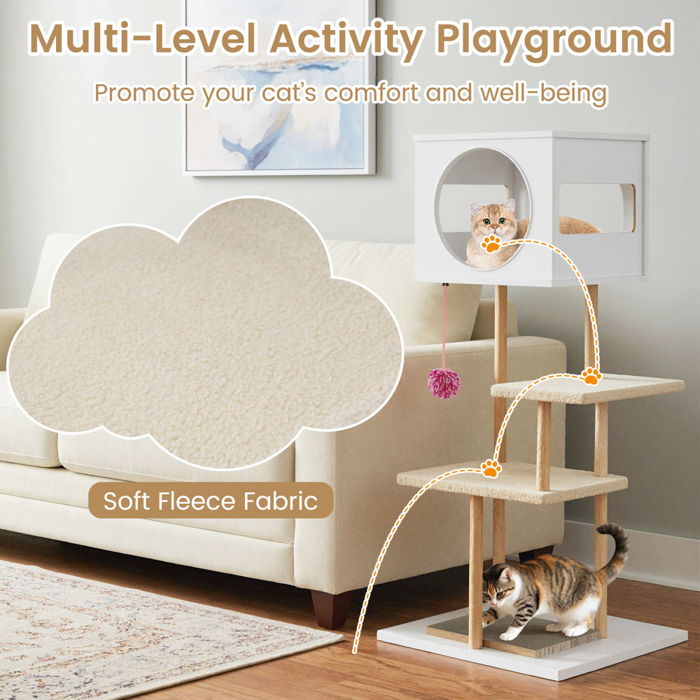 Multi-level cat tower with white wood, soft fleece fabric, and two corrugated cardboard scratchers for playful comfort.