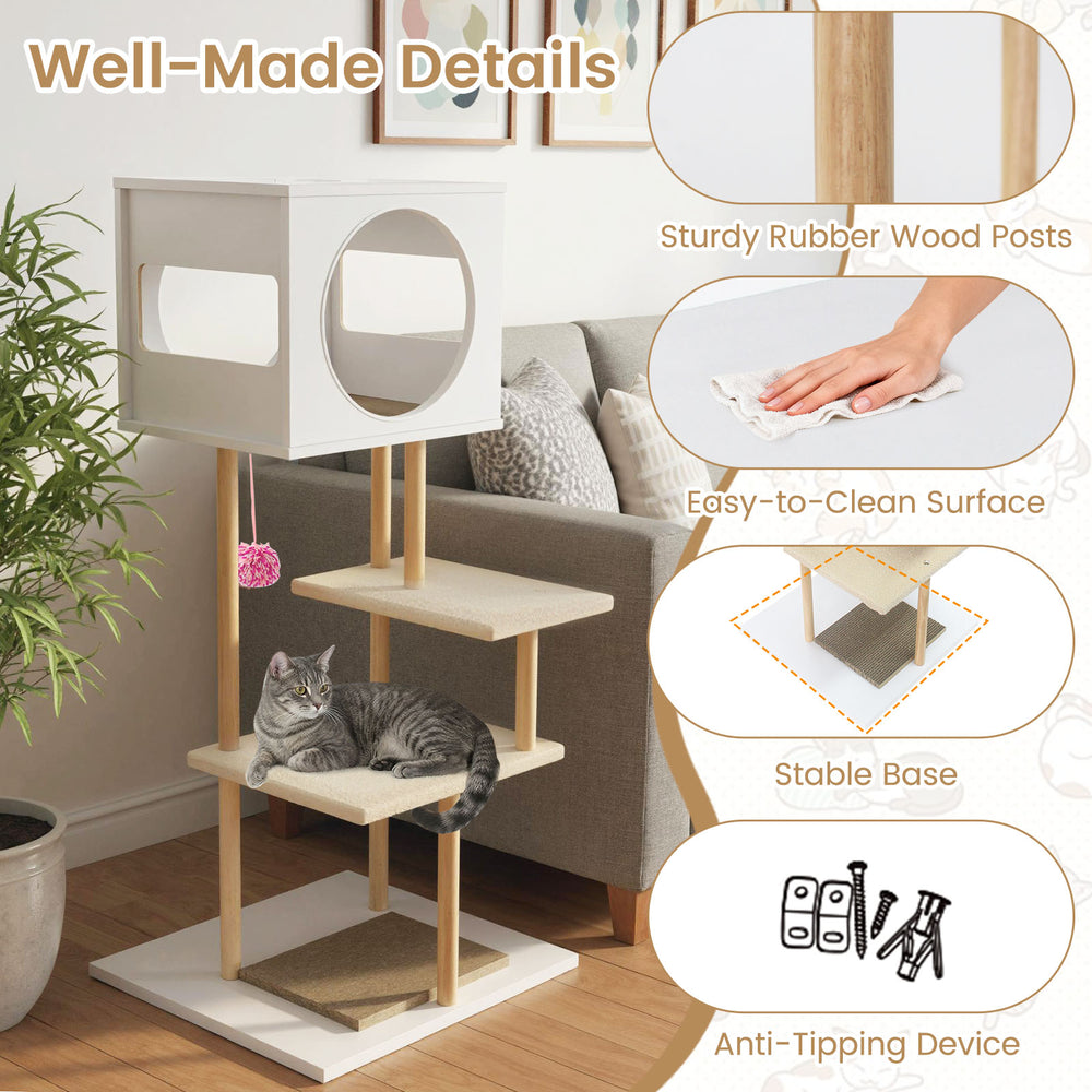 Tall wood cat tower with two platforms, corrugated cardboard, and anti-tipping device for stability and fun.