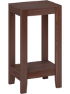 Tall wooden sofa end table in dark color with a bottom shelf for organization, perfect for living rooms or dorms.