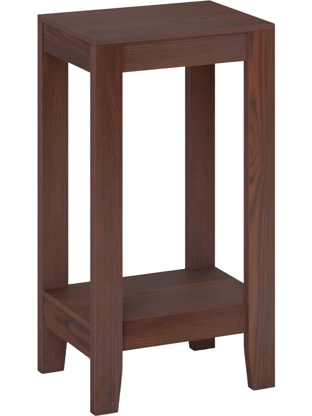 Tall wooden sofa end table in dark color with a bottom shelf for organization, perfect for living rooms or dorms.