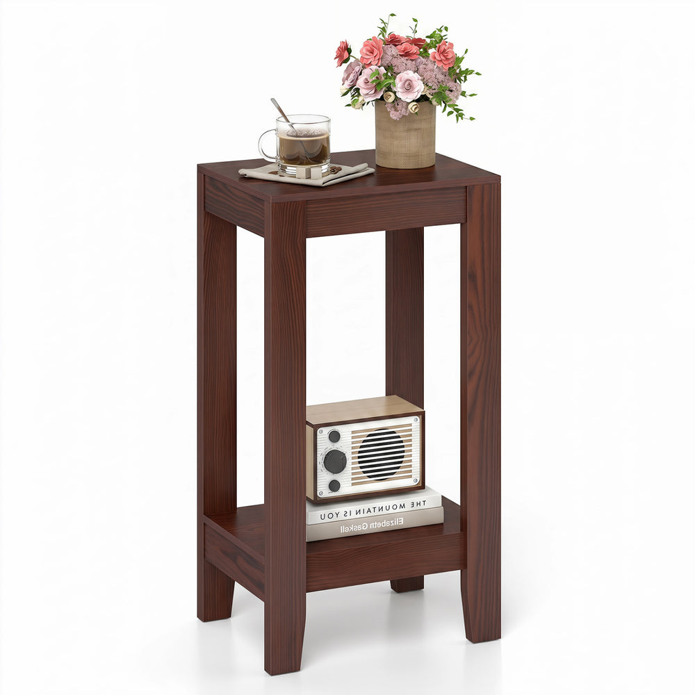Tall wooden sofa end table in dark finish features a smooth top and bottom shelf for organized storage beside your couch.