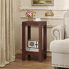 Tall wooden sofa end table in dark color with bottom shelf for organization, ideal for living room or guest room use.