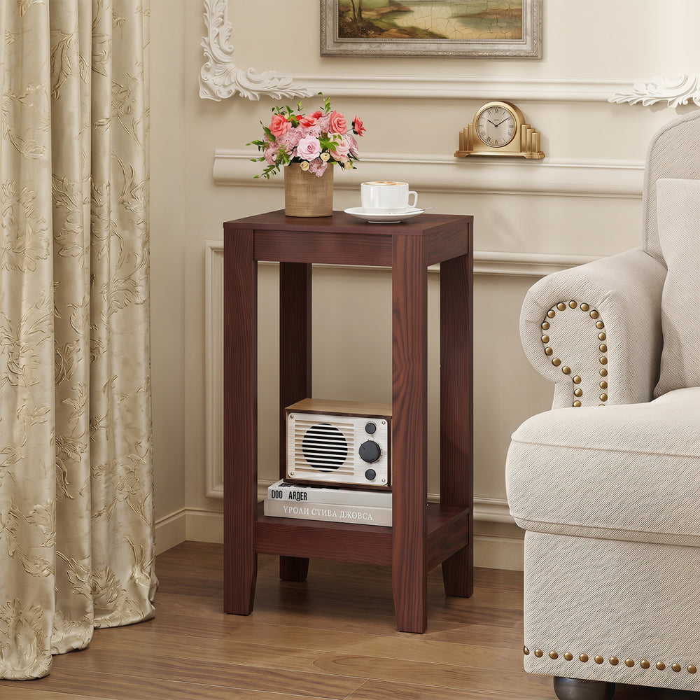 Tall wooden sofa end table in dark color with bottom shelf for organization, ideal for living room or guest room use.