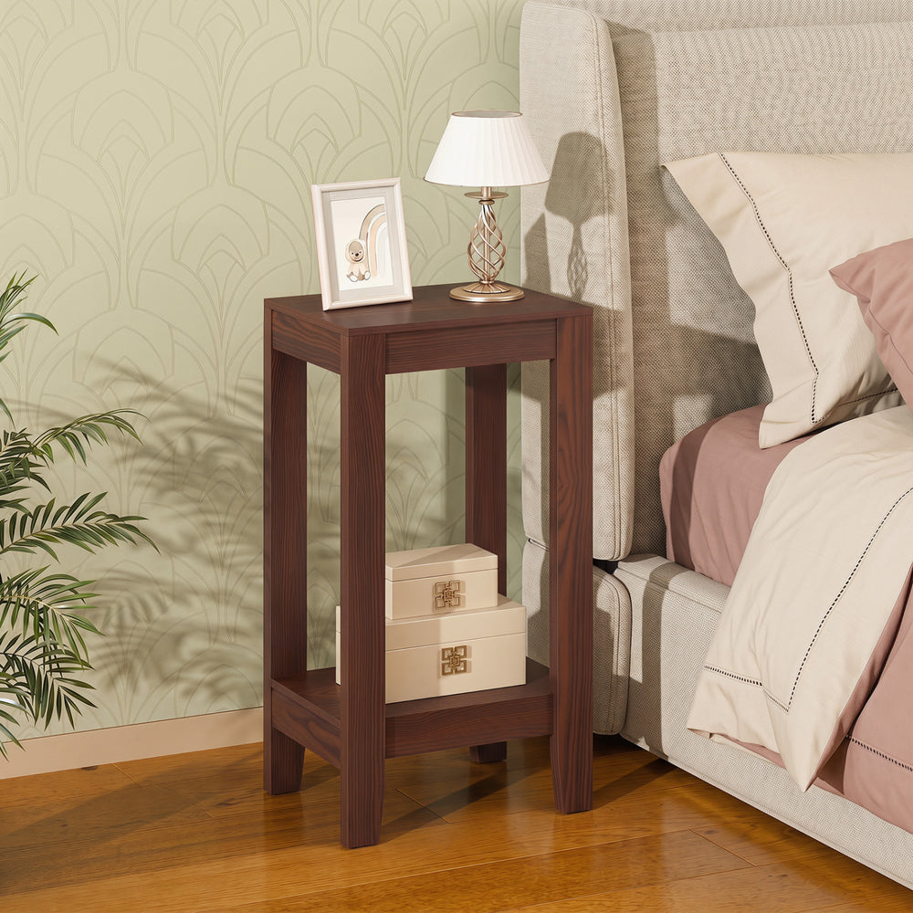 Tall wooden sofa end table in dark color with bottom shelf for organization, perfect for living room or guest room use.