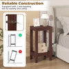 Tall wooden sofa end table in dark color with bottom shelf for organization, ideal for living room or dorm use.