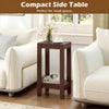 Tall wooden sofa end table with a dark finish, featuring a bottom shelf for organization, perfect for small spaces.