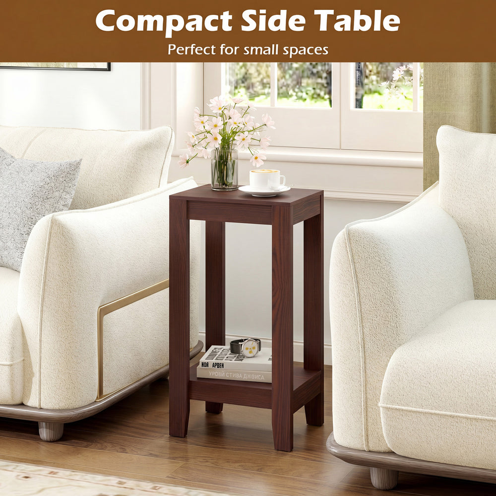 Tall wooden sofa end table with a dark finish, featuring a bottom shelf for organization, perfect for small spaces.