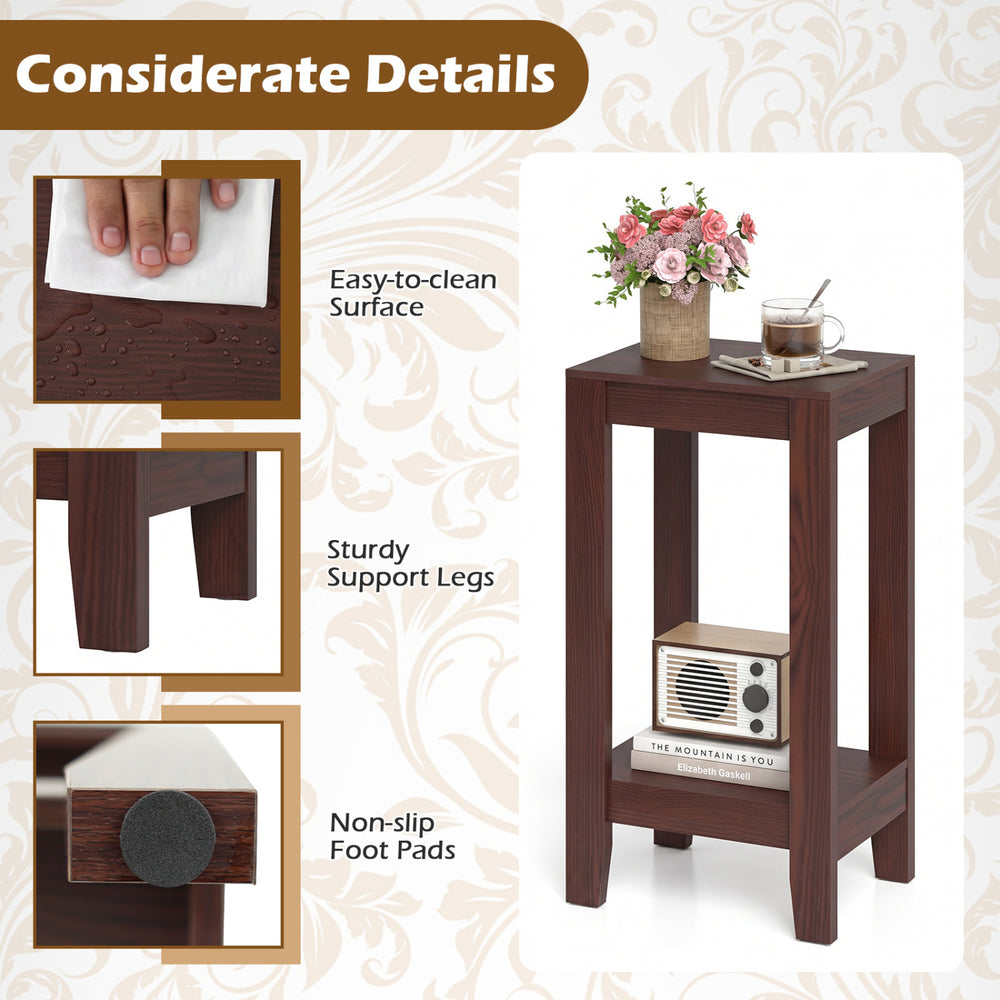 Tall wooden sofa end table with a dark finish, sturdy legs, and a convenient bottom shelf for organization.