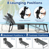 Gray tanning chair with face and arm holes, adjustable backrest, and storage pockets for outdoor relaxation.