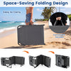 Folding tanning chair in gray with face and arm holes, featuring a compact design and convenient carry strap for easy.