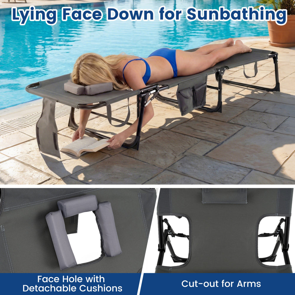 Tanning chair with face and arm holes in gray, featuring adjustable backrest and removable pillow for outdoor.
