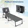 Tanning chair with adjustable backrest, face and arm holes, compact folding design, ideal for outdoor relaxation.