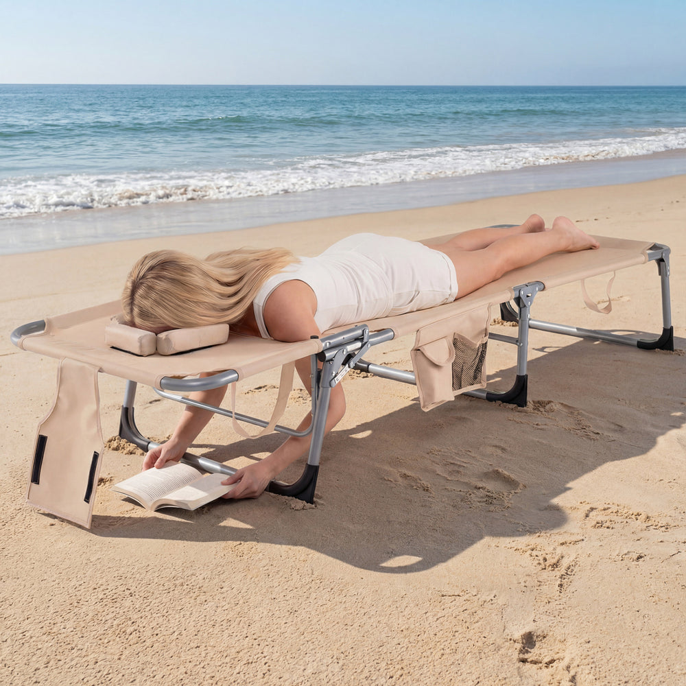 Tanning Chair with Face Arm Holes Folding Chair-Beige - Gallery View 1 of 9