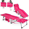 Portable pink strip tanning chair with face and arm holes, adjustable backrest, and convenient carrying features for.