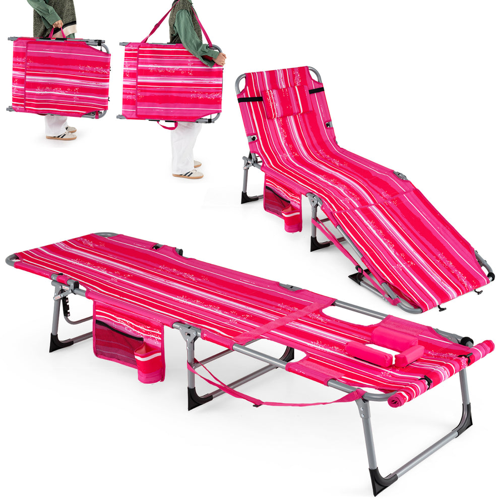 Portable pink strip tanning chair with face and arm holes, adjustable backrest, and convenient carrying features for.
