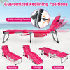 Portable pink strip tanning chair with adjustable backrest, face hole, and arm openings for comfortable sunbathing.