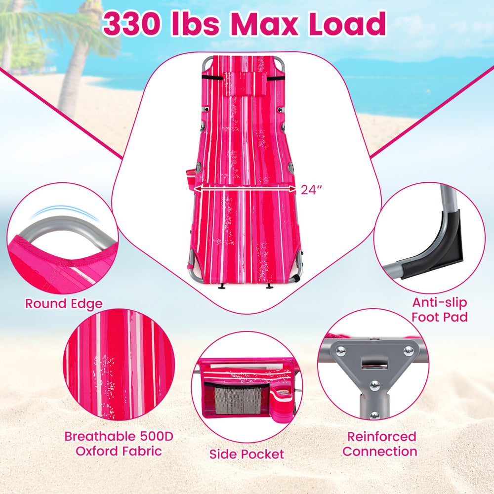 Portable pink tanning chair with face arm holes, adjustable backrest, and breathable Oxford fabric for beach relaxation.