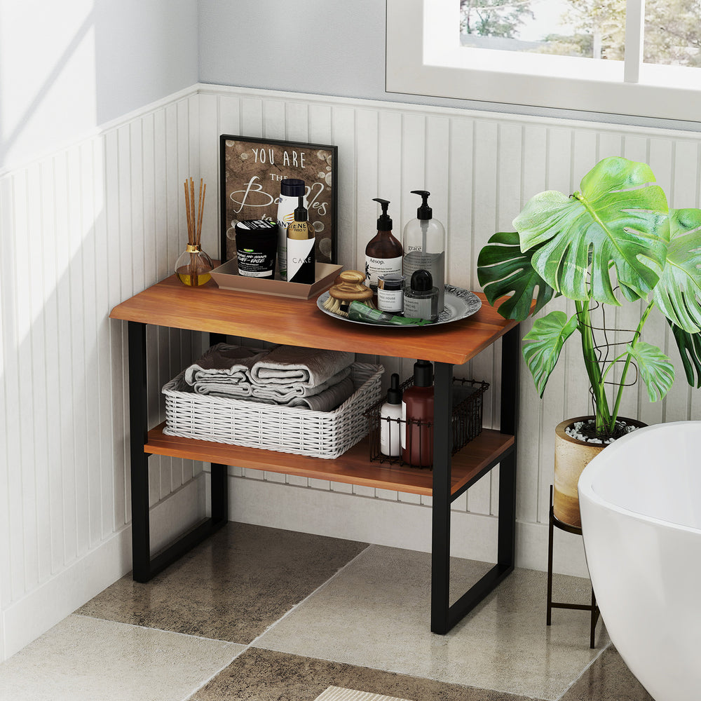 2-tier teak wood end table with open shelves, ideal for living room or laundry, featuring a natural wood texture.