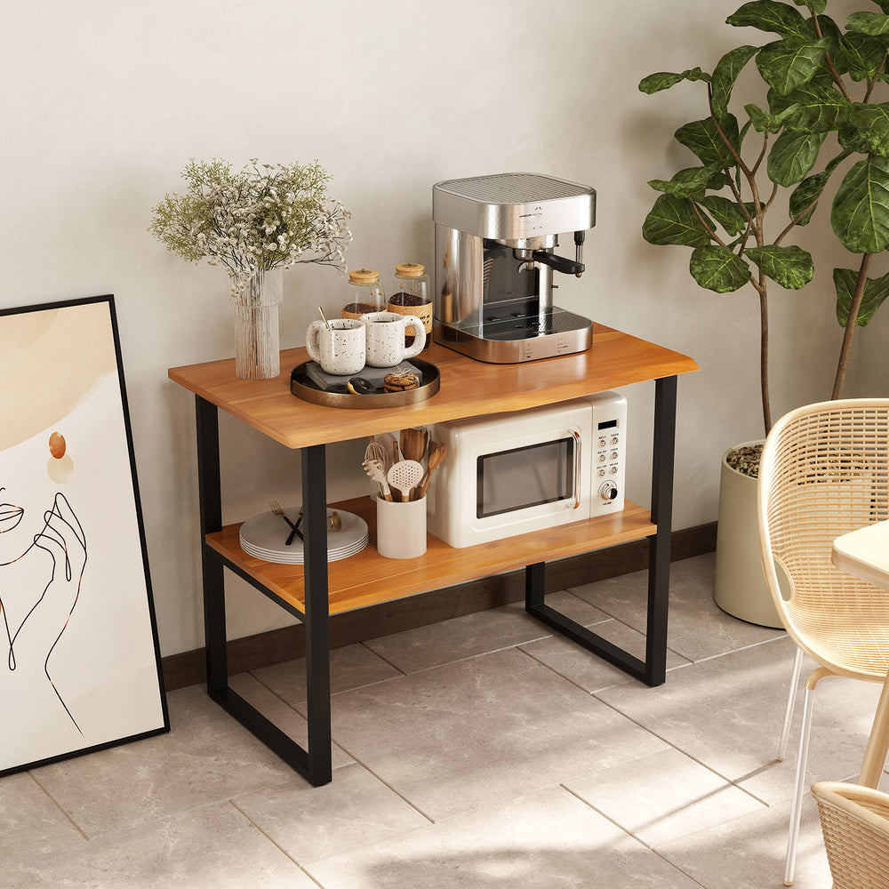 2-tier teak wood end table with open shelves, perfect for living room or hallway storage and easy maintenance.