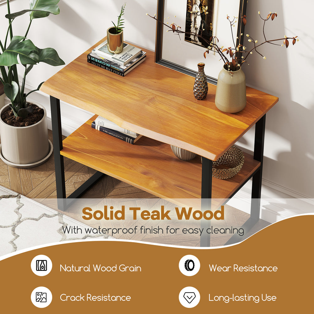 2-tier teak wood end table with natural wood grain, waterproof finish, perfect for living room or hallway storage.