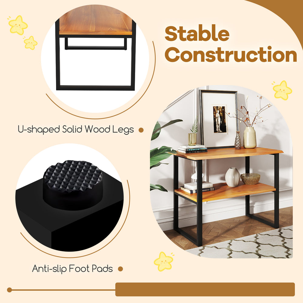2-tier teak wood end table with U-shaped solid wood legs and anti-slip foot pads, perfect for living room or hallway.
