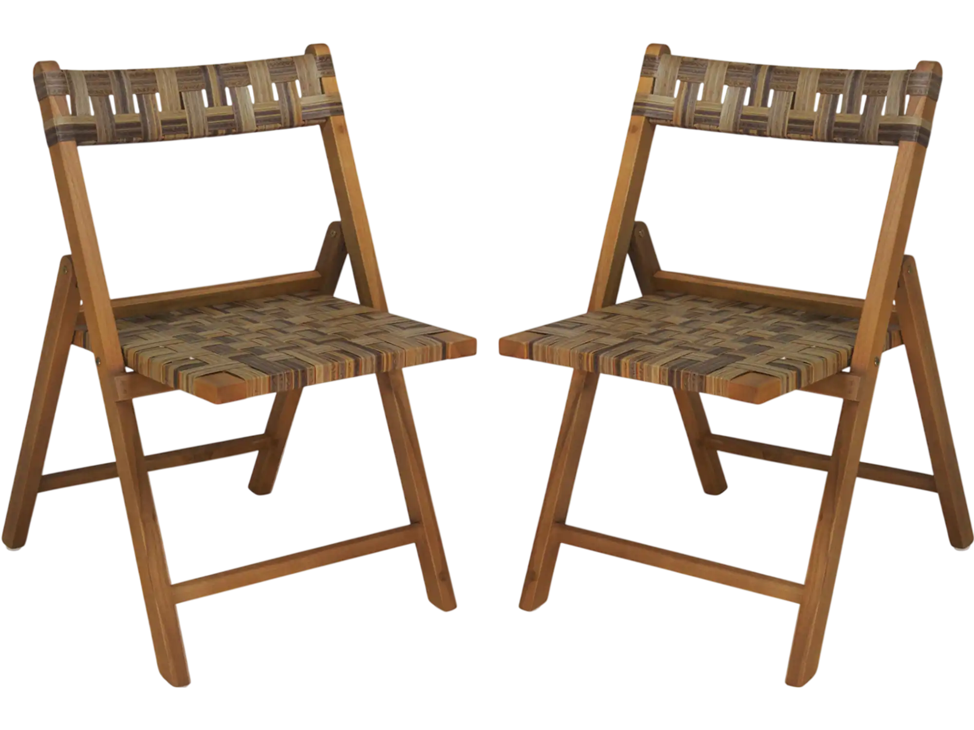 Costway Teak Folding Patio Dining Chairs Set of 2 Hand-Woven Rattan Contoured Back 23365933 New