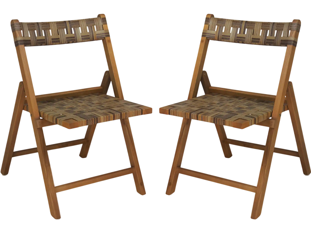 Teak Folding Chairs Set of 2 with Hand-Woven Rattan and Contoured Back