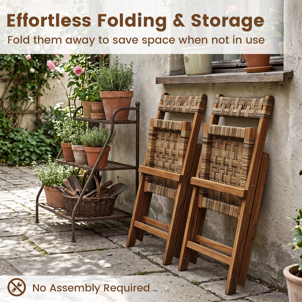 Teak folding chairs set of 2 with hand-woven rattan, featuring a contoured back for ergonomic comfort, perfect for.