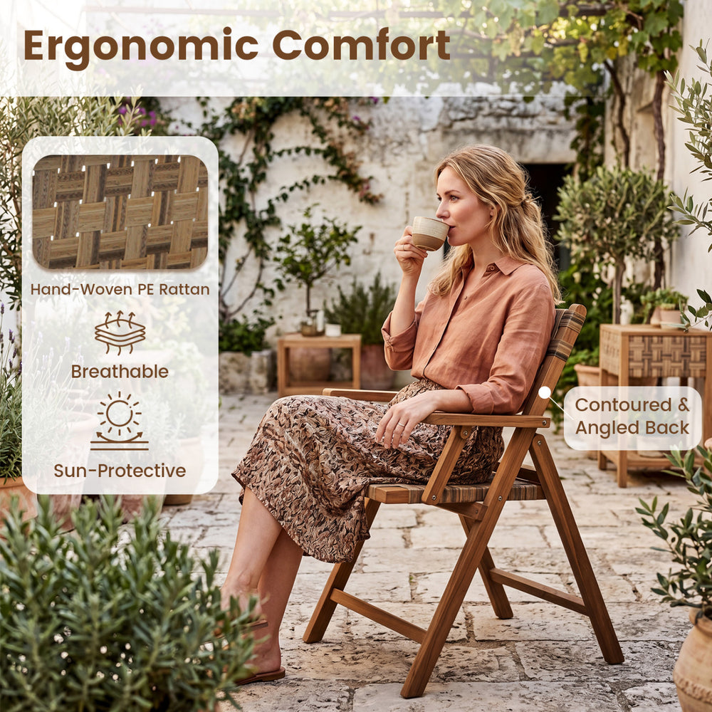 Teak folding chair with hand-woven PE rattan, featuring a contoured back for ergonomic comfort, ideal for patio use.